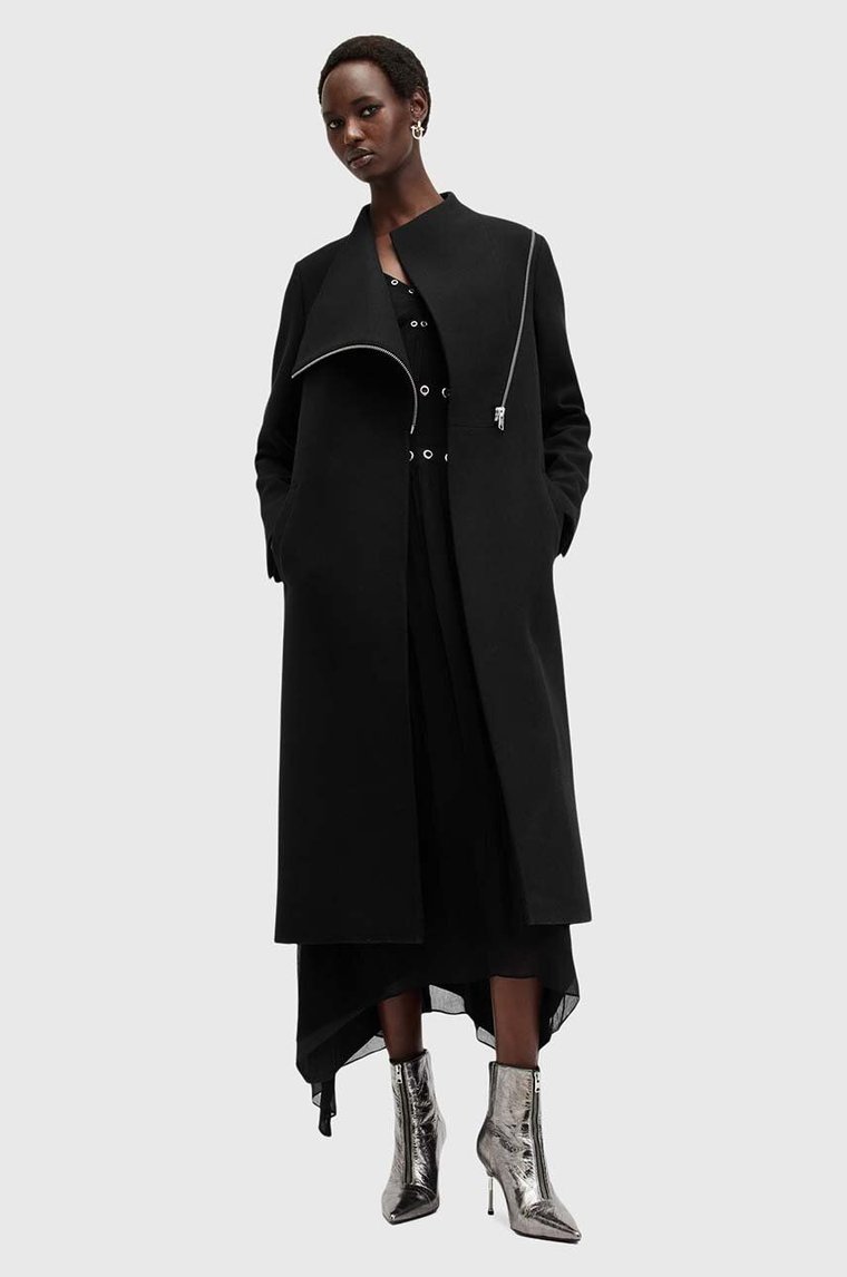 AllSaints płaszcz wełniany MARGOH COAT kolor czarny przejściowy W009OB