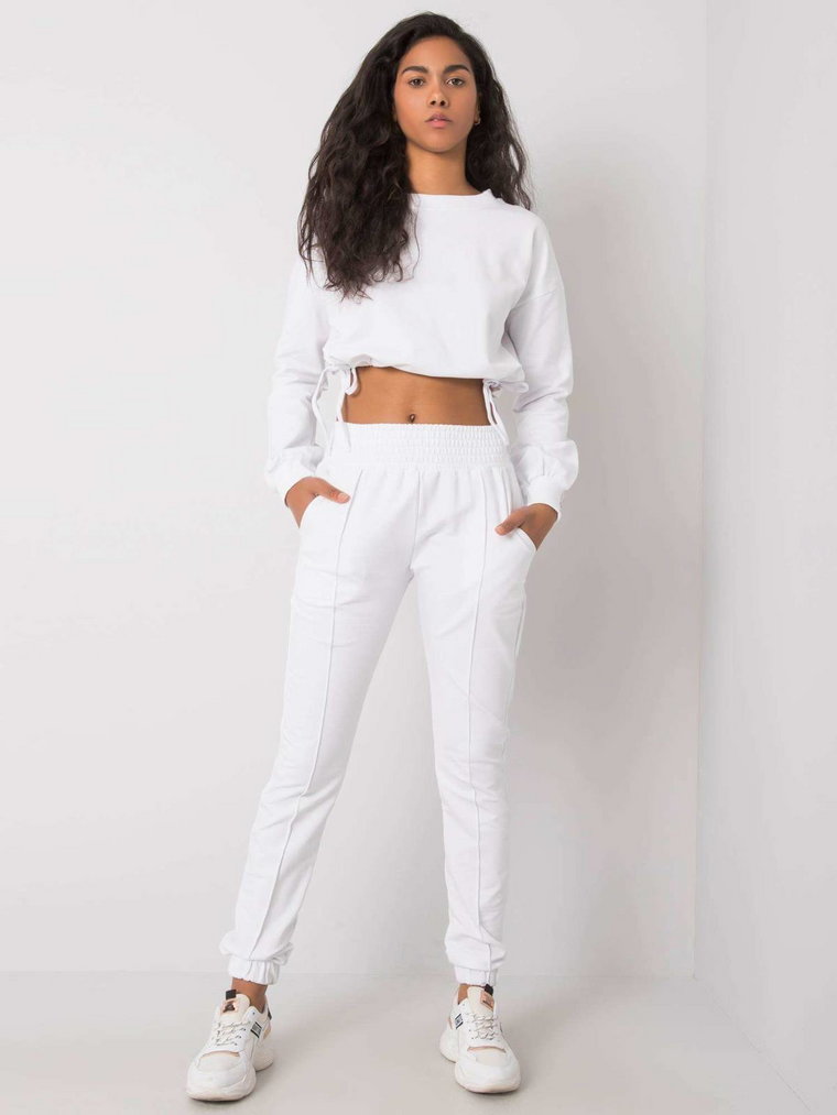 Komplet dresowy biały casual sportowy bluza i spodnie dekolt okrągły rękaw długi nogawka ze ściągaczem długość długa marszczenia