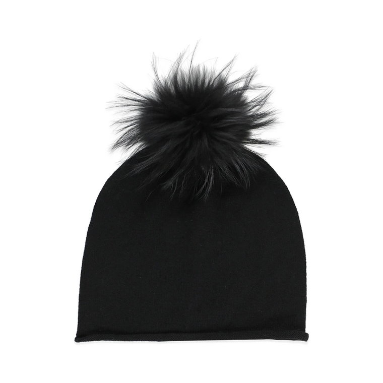 Czarna czapka z kaszmiru z futrzanym pomponem Kangra