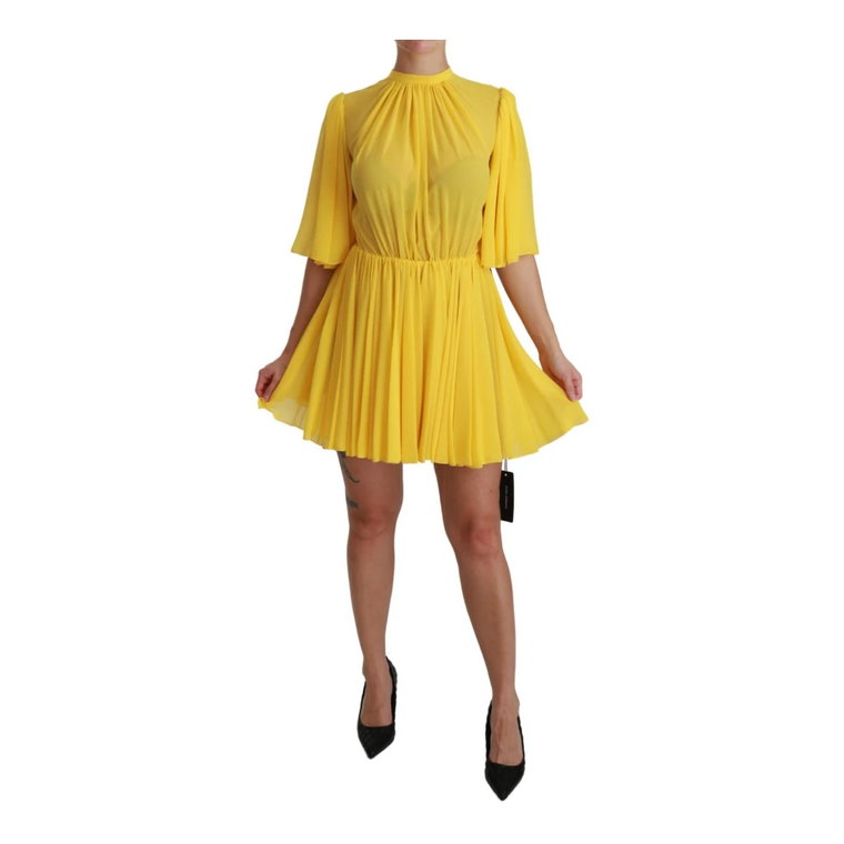 Żółta Plisowana Sukienka Mini A-line z Jedwabiu Dolce & Gabbana