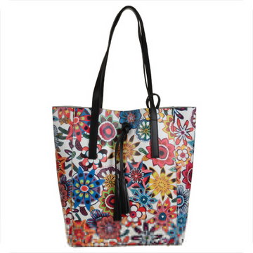 Skórzana torba shopper bag w kwiaty z kosmetyczką xl