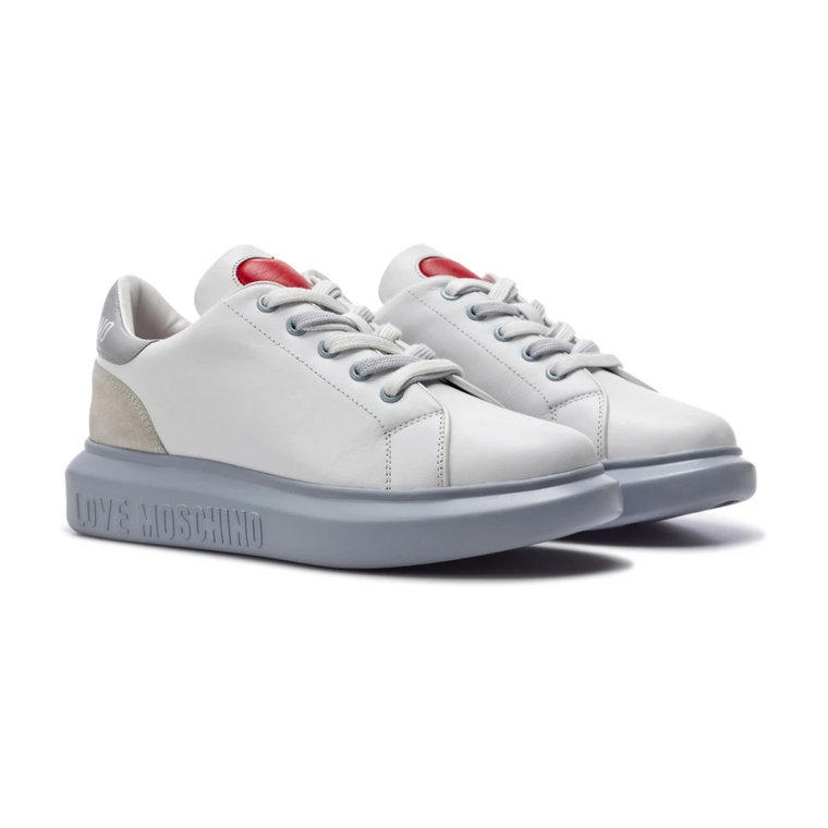 Białe Skórzane Sneakersy z 4cm Obcasem Love Moschino