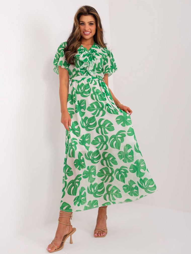 Sukienka z printem zielony codzienna letnia dekolt w kształcie V rękaw krótki długość maxi pasek z podszewką falbana