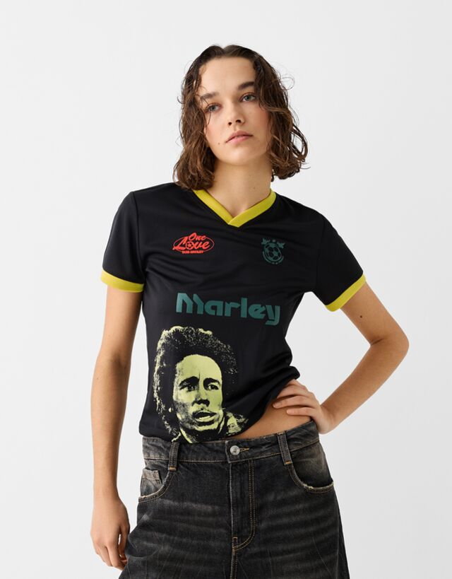 Bershka Bob Marley  Koszulka Z Krótkim Rękawem I Nadrukiem Kobieta S Czarny