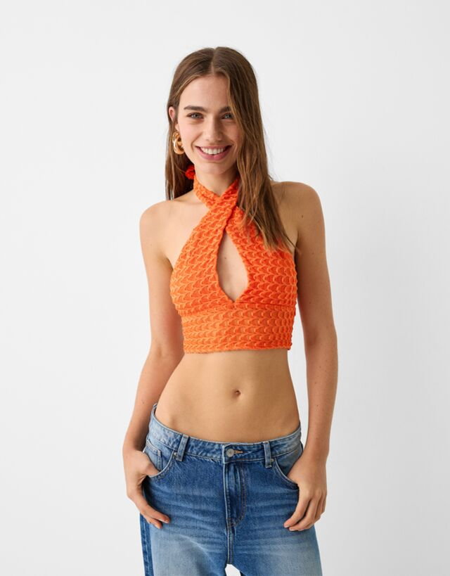 Bershka Kopertowy Top Z Dekoltem Halter Kobieta Xs Pomarańczowy