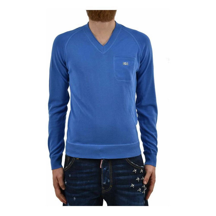 Niebieski Bawełniany Sweter z Dekoltem w serek dla Mężczyzn Dsquared2