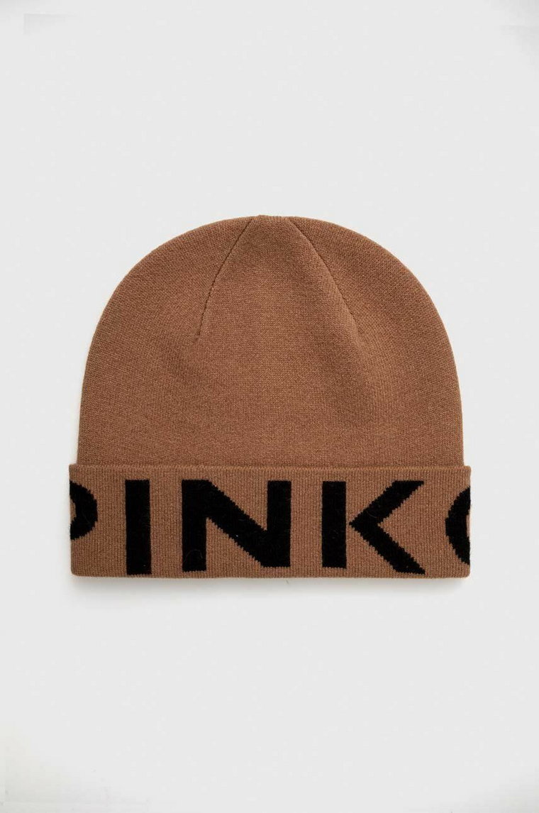 Pinko czapka wełniana kolor brązowy z cienkiej dzianiny wełniana 101507.A101