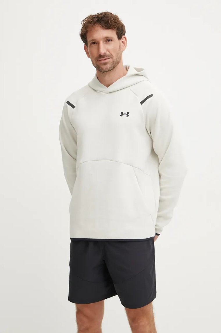 Under Armour bluza Unstoppable Fleece męska kolor beżowy z kapturem z nadrukiem 1389350