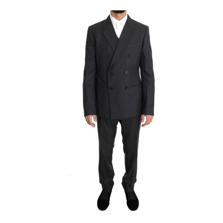 Gray Wool Silk Double Breasted Slim Suit Dolce & Gabbana