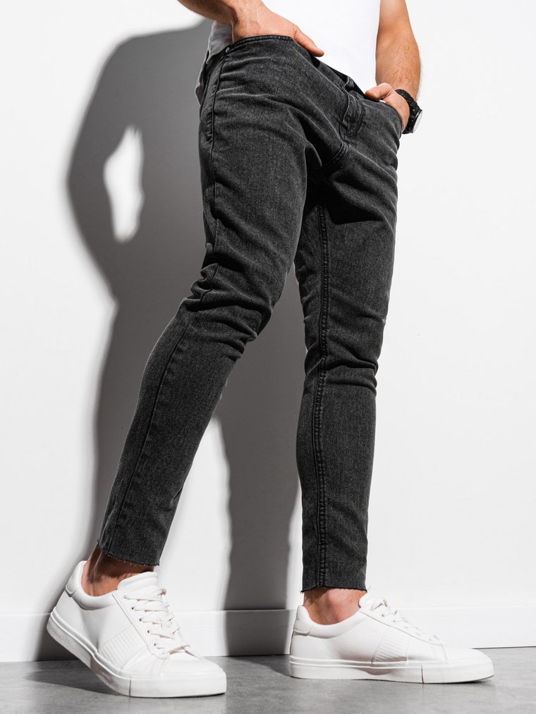 Męskie jeansowe spodnie marmurkowe z surowo wykończoną nogawką SLIM FIT - czarne V3 OM-PADP-0146