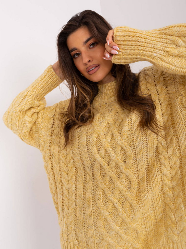 Sweter z warkoczami jasny żółty casual dekolt półgolf