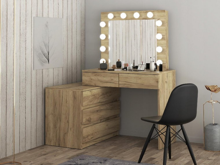 Narożna toaletka kosmetyczna z lustrem i oświetleniem Carla 12 Led z komodą dąb craft