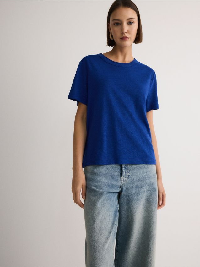 Reserved - T-shirt z wiskozą i lnem - niebieski