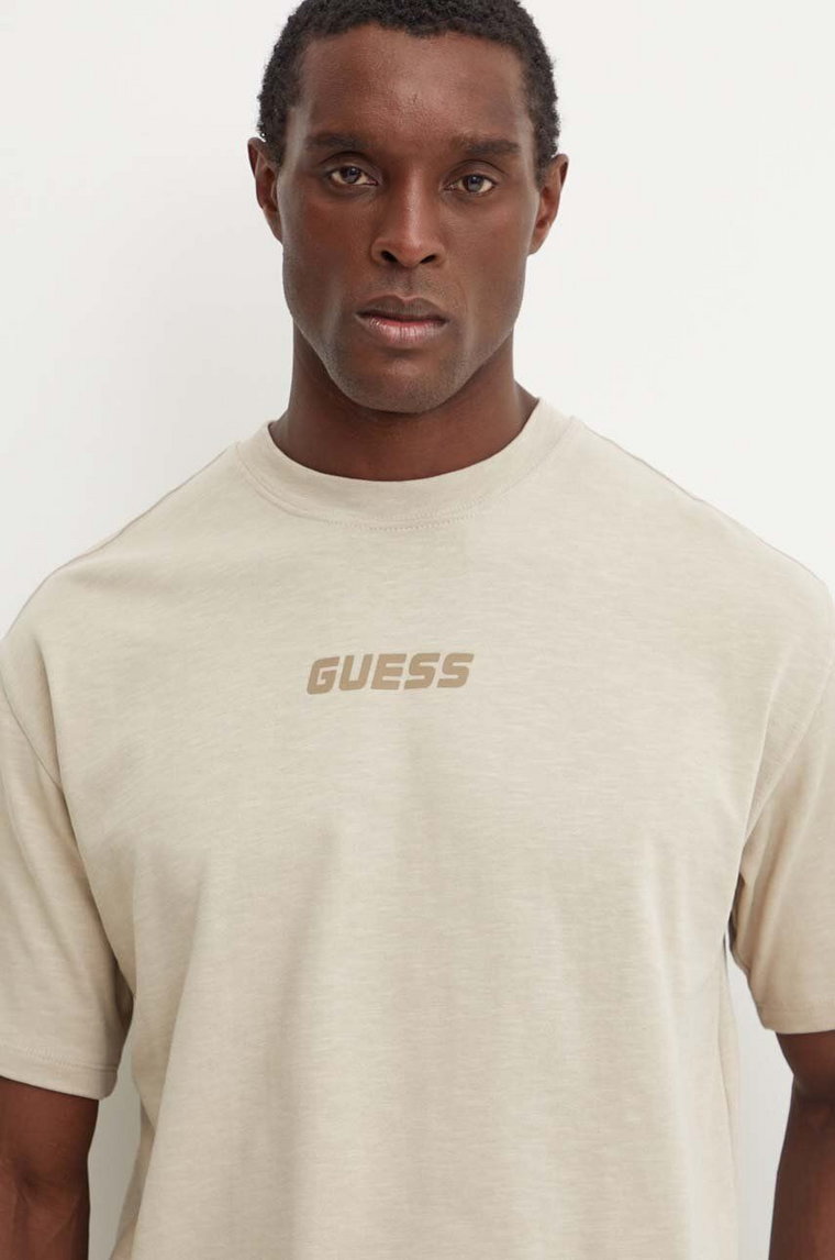 Guess t-shirt bawełniany DALIM męski kolor beżowy z nadrukiem Z4BI00 KCE21