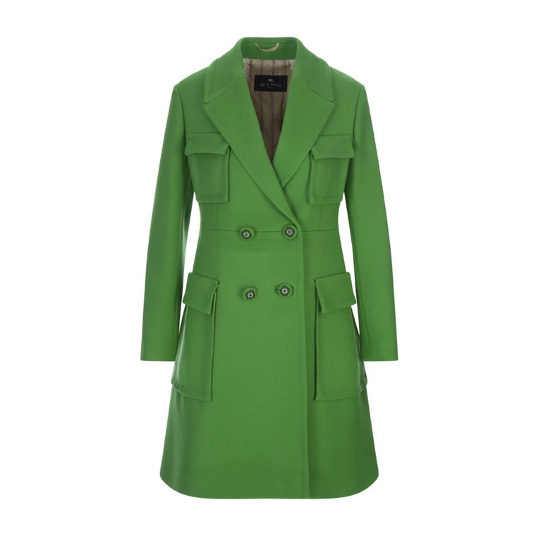 Zielony wełniany płaszcz z podwójnym rzędem guzików i haftowanymi kwiatami Etro