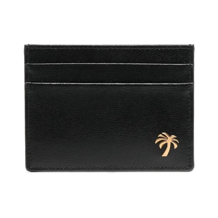 Czarny skórzany portfel na karty z logo w kolorze złotym Palm Angels