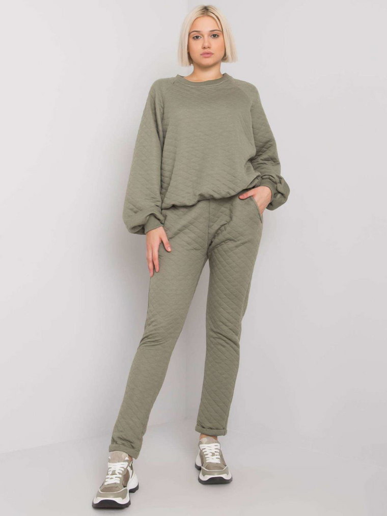 Komplet dresowy khaki casual bluza i spodnie dekolt okrągły rękaw długi nogawka prosta długość długa pikowanie troczki bufiasty