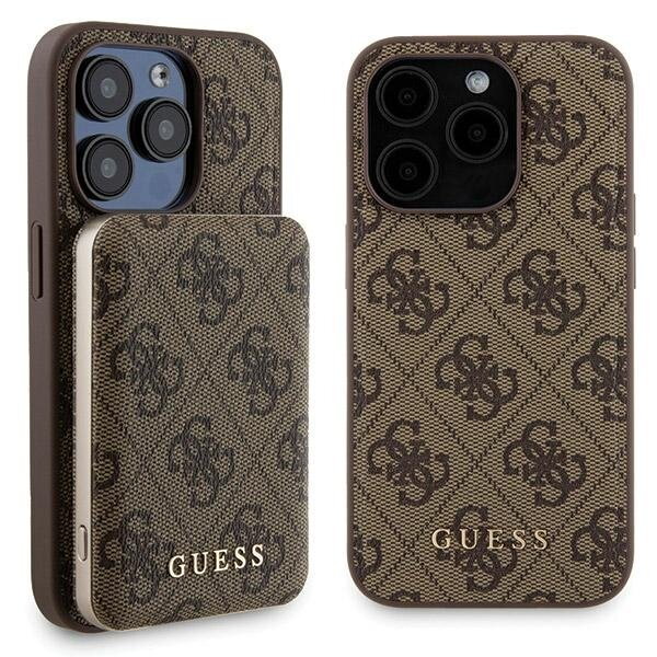 Zestaw Guess GUBPM5P15L4GEMGW iPhone 15 Pro 6.1" hardcase + Powerbank 5000mAh MagSafe brązowy/brown 4G Metal Logo