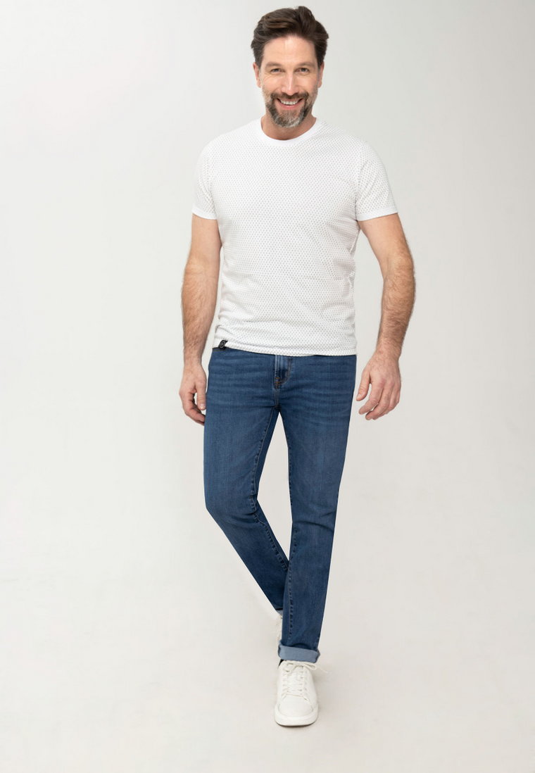 Granatowe jeansy męskie z prostą nogawką, recyklowany poliester Repreve, DLEON 46