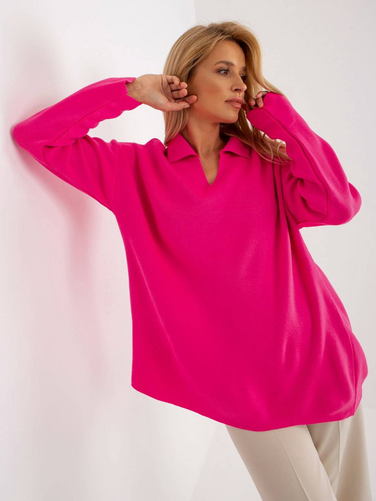 Sweter oversize fluo różowy casual dekolt w kształcie V kołnierzyk rękaw długi długość długa