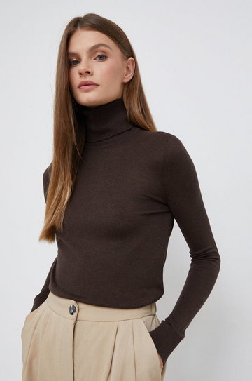 Lauren Ralph Lauren sweter z domieszką jedwabiu damski kolor brązowy lekki z golfem