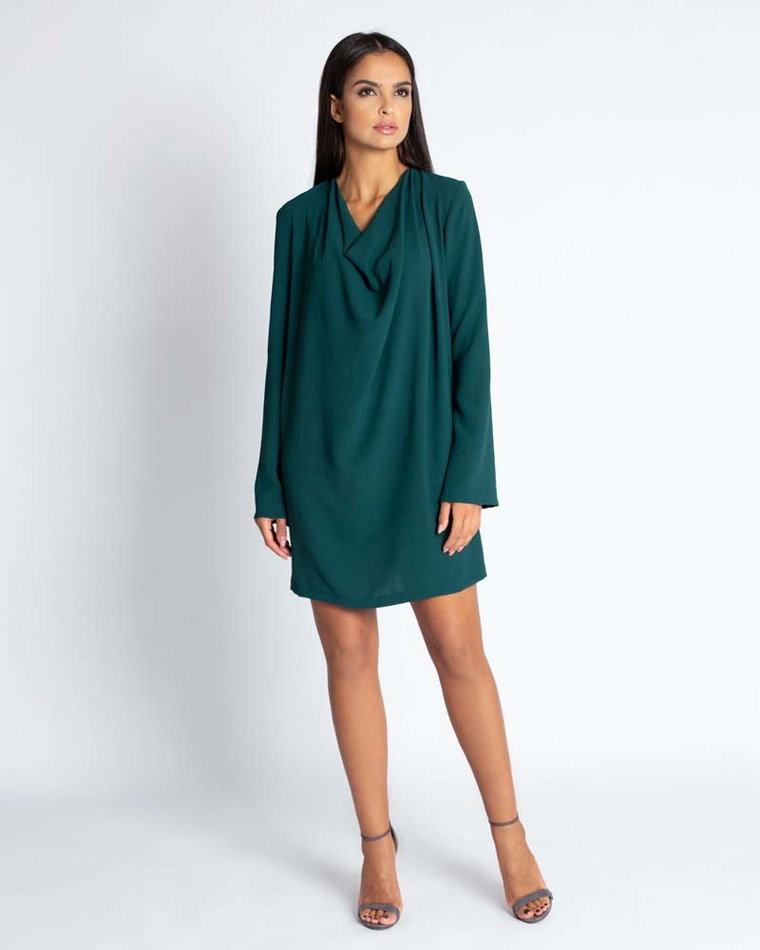 Zielona Luźna Mini Sukienka z Dekoltem Typu Woda