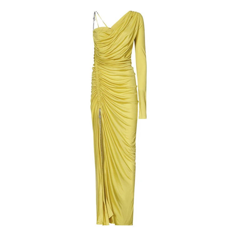 Żółta Sukienka z Drapowanego Jerseyu z Detalem ze Szlifów Zuhair Murad