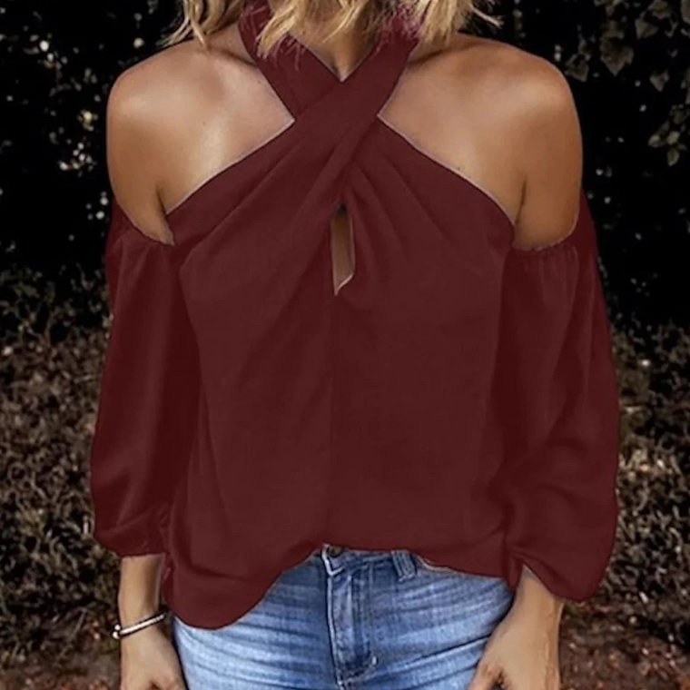 Bluzka damska cold shoulder - Bordowy S