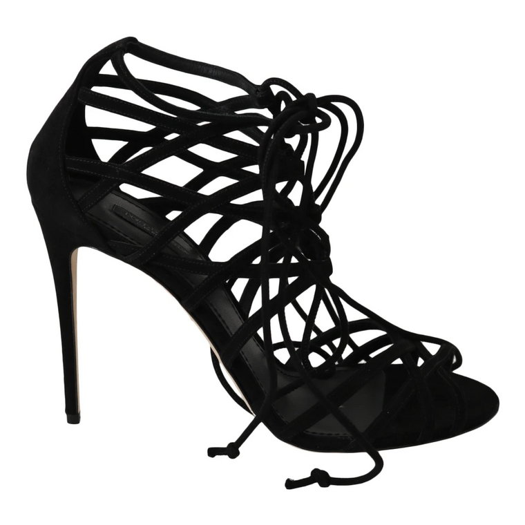 Czarne Sandały na Obcasie ze Skóry Zamszowej Dolce & Gabbana