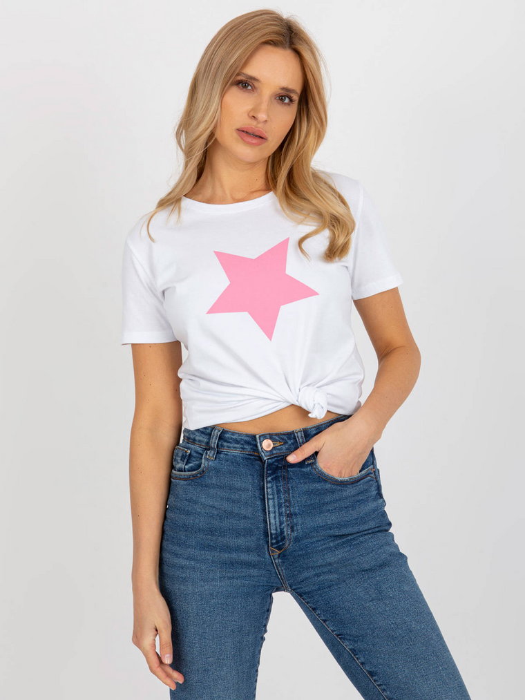 T-shirt z nadrukiem biało-różowy casual dekolt okrągły rękaw krótki