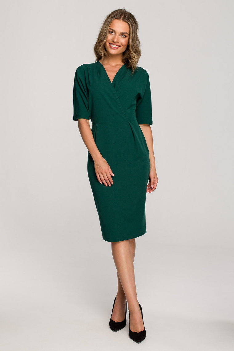 Elegancka sukienka ołówkowa z kopertowym dekoltem - Zielona Rozmiar: S