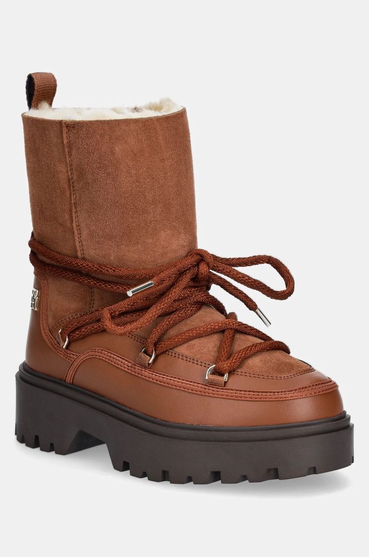 Tommy Hilfiger śniegowce REAL SHEARLING LACE-UP SNOWBOOT kolor brązowy FW0FW08085