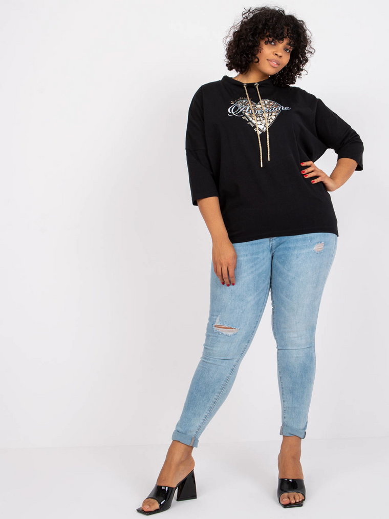 Bluzka plus size czarny casual dekolt okrągły rękaw 3/4 dżety