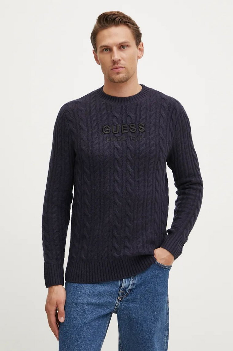 Guess sweter z domieszką wełny ELWYN męski kolor granatowy  M4BR11.Z3HA2