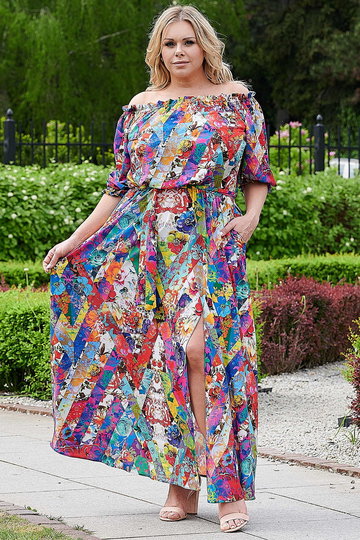Sukienka długa hiszpanka letnia z rozcięciem ASTRA kolorowe asymetryczne kwiaty