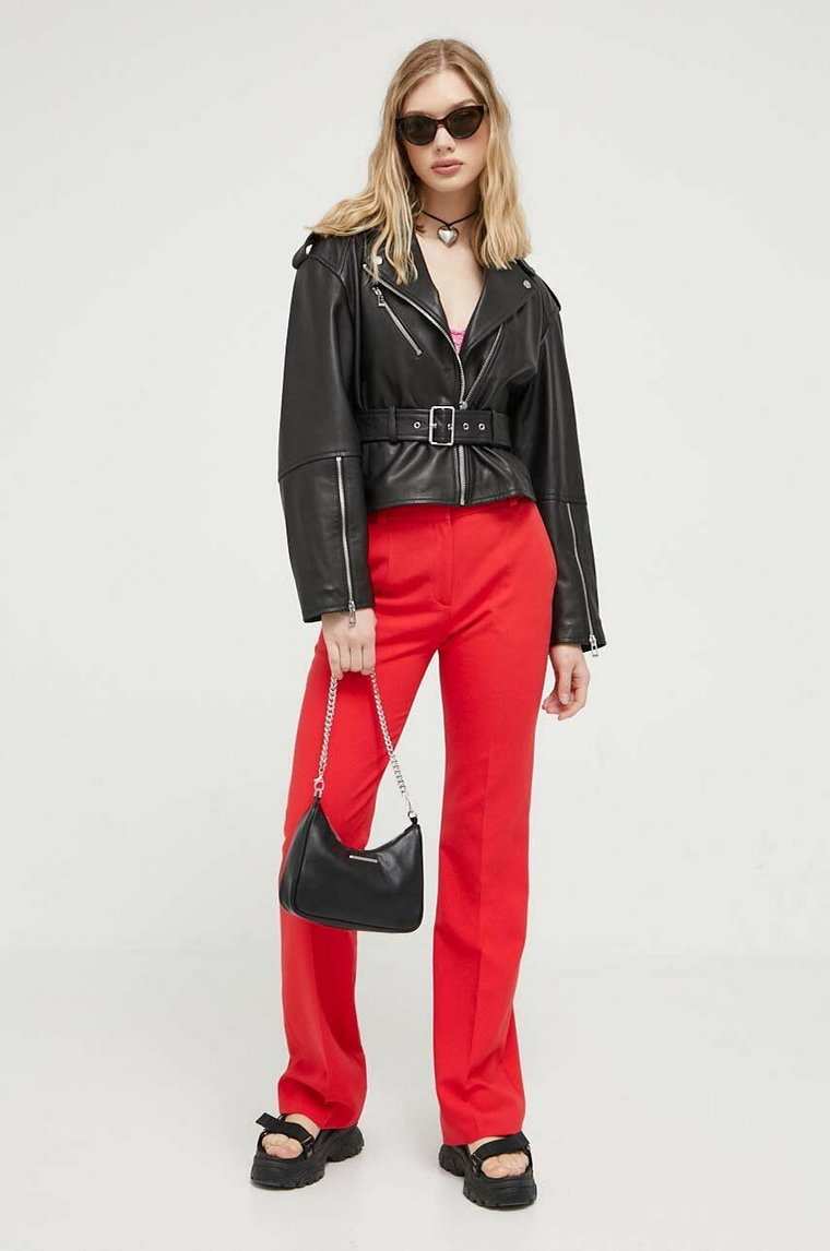 HUGO spodnie damskie kolor czerwony dzwony high waist