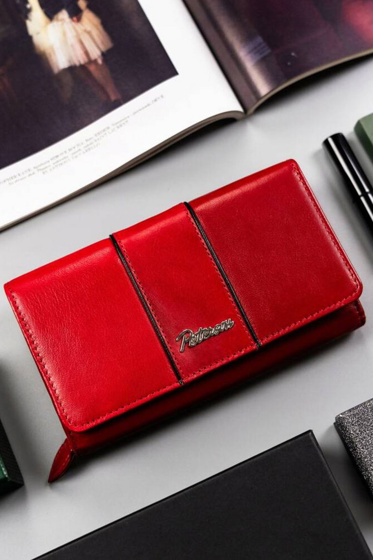 Czerwony duży, skórzany portfel damski na zatrzask  Peterson