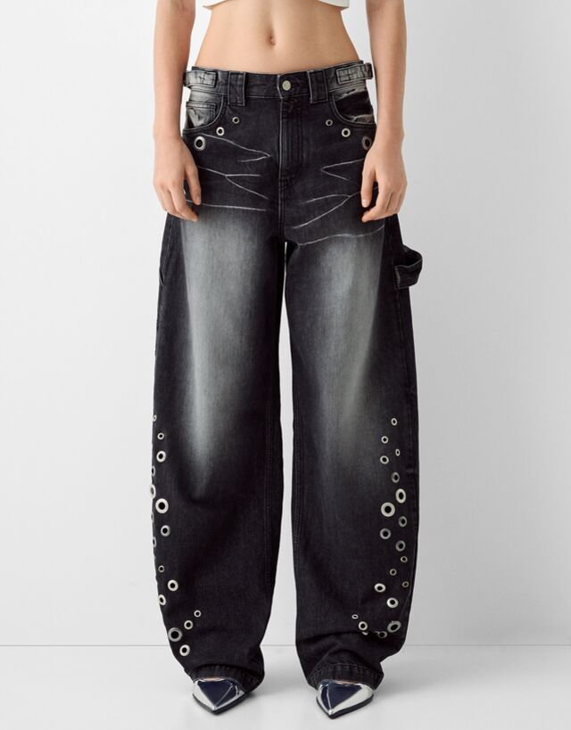 Bershka Luźne Jeansy Carpenter Kobieta 38 Czarny