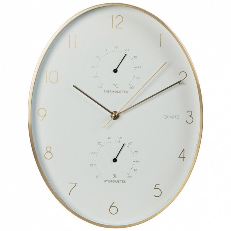 Zegar ścienny biały złoty z termometrem higrometrem 27x34,5 cm kod: O-569935
