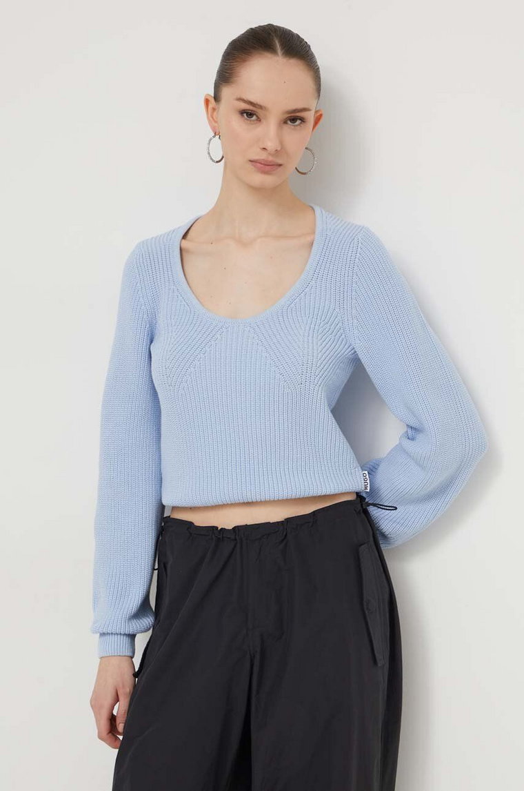 HUGO sweter bawełniany kolor niebieski z półgolfem
