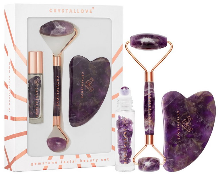 Crystallove Amethyst Beauty Set (Masażer do twarzy + Płytka Gua Sha + Buteleczka Roll-On)