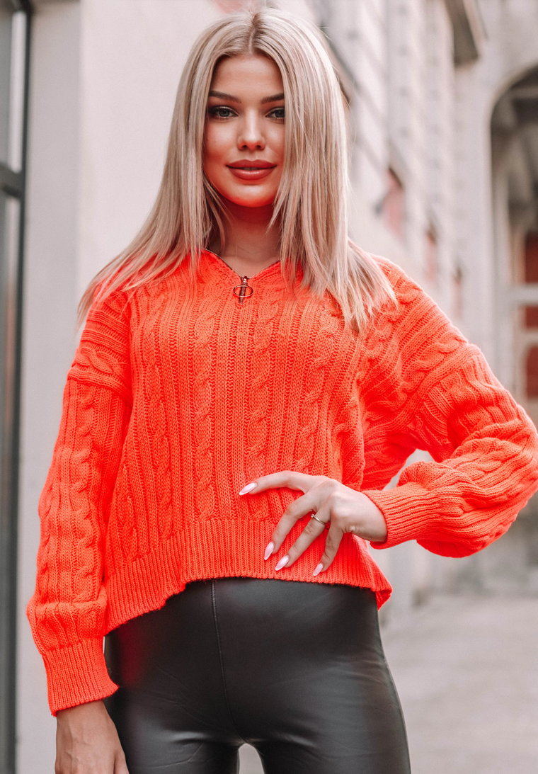 Sweter damski z suwakiem Ann, pomarańczowy, neon Jeden rozmiar