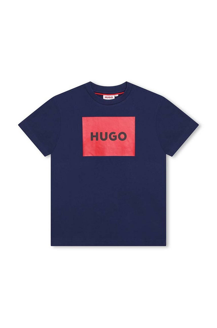 HUGO t-shirt bawełniany dziecięcy kolor granatowy z nadrukiem