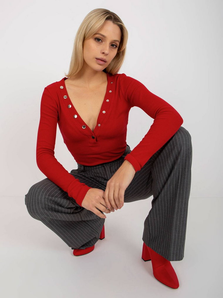 Bluzka longsleeves czerwony casual dopasowana codzienna dekolt w kształcie V rękaw długi materiał prążkowany zatrzask
