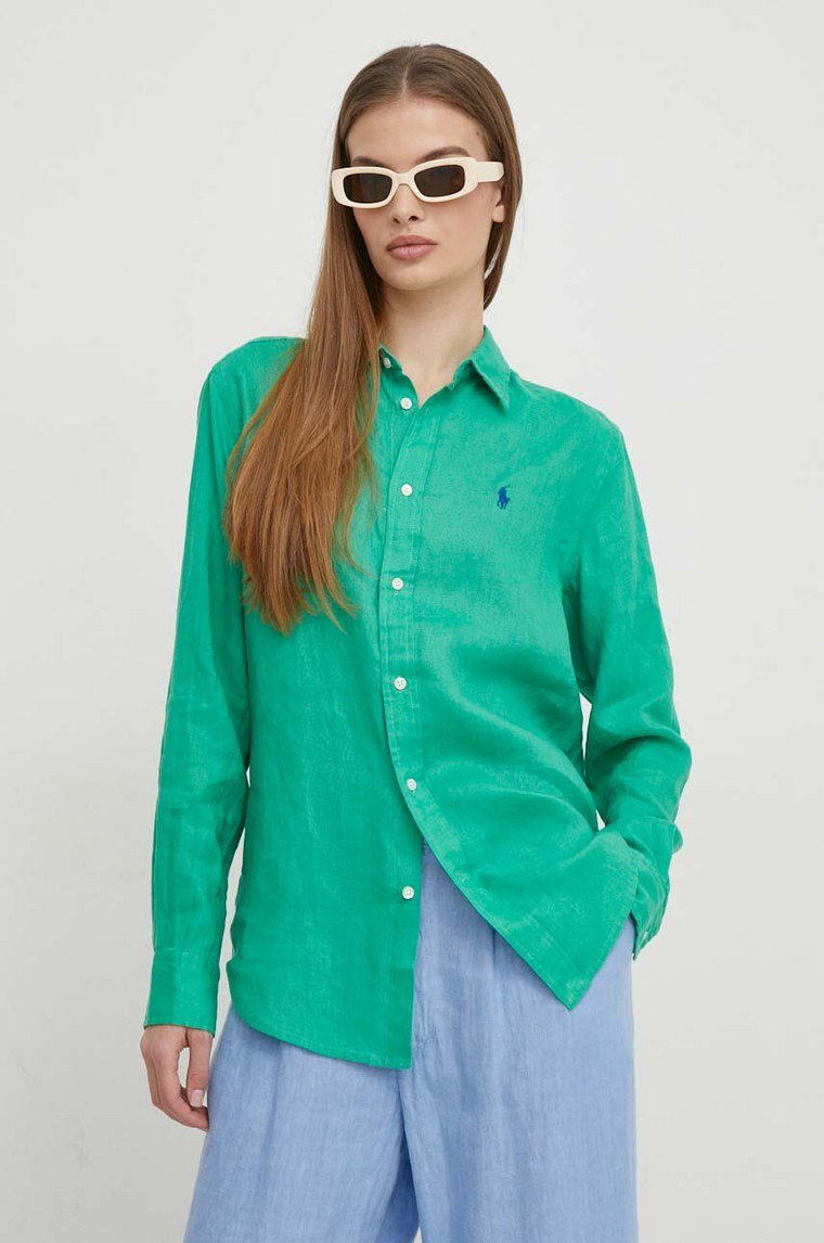 Polo Ralph Lauren koszula lniana kolor zielony regular z kołnierzykiem klasycznym