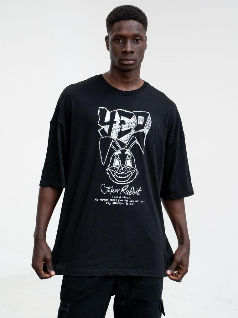 Koszulka Męska Z Krótkim Rękawem Oversize Czarna YEP Sketch Rabbit