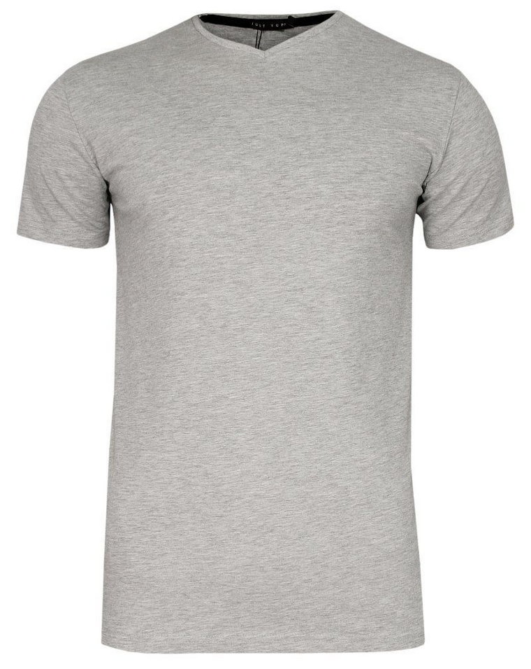 Szary Jednokolorowy T-shirt Męski, Krótki Rękaw -Just Yuppi- Koszulka, BASIC, w Serek, V-neck