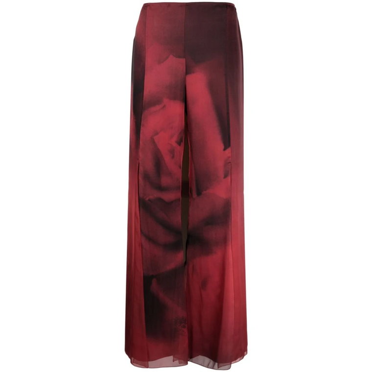Czerwone jedwabne spodnie z motywem róż Alberta Ferretti