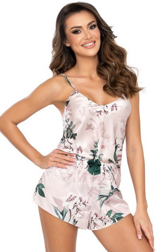Satynowa piżama damska pudrowo-różowa z motywem roślinnym Nelly 1/2, Kolor róż pudrowy, Rozmiar S, Donna