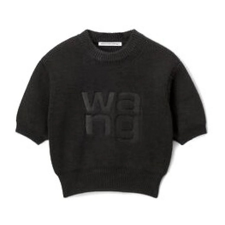 Czarny sweter z krótkim rękawem i unikalnym wzorem Alexander Wang